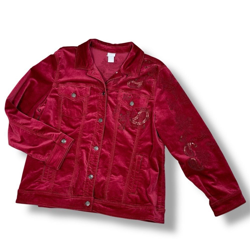 Chicos Boho Jacket Women XL 3 Red Velour Paisley Embroidered Beaded‎ Trucker - Picture 14 of 14